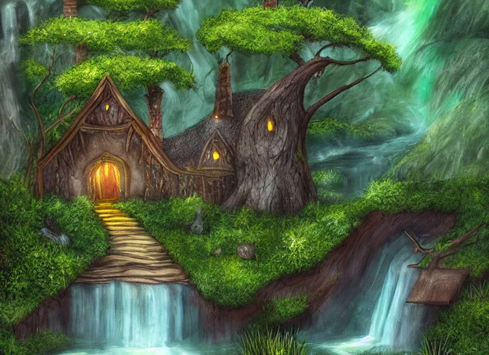 Prompt: An Elvish house near a waterfall with trees and grass, fantasy, detailed, digital painting