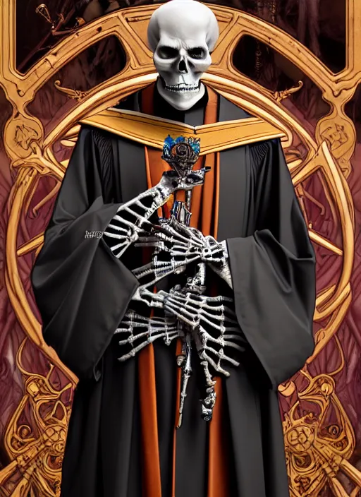 Image similar to undead skeleton king, wearing an academic gown, tarot card, highly detailed, deep focus, elegant, digital painting, smooth, sharp focus, illustration, ultra realistic, 8 k, art by artgerm and alphonse mucha and greg rutkowski