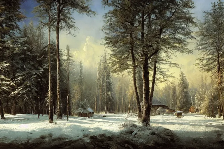 Image similar to A beautiful painting of russian village in dark forest by ivan shishkin and arkhip kuindji, trending on artstation,matte painting