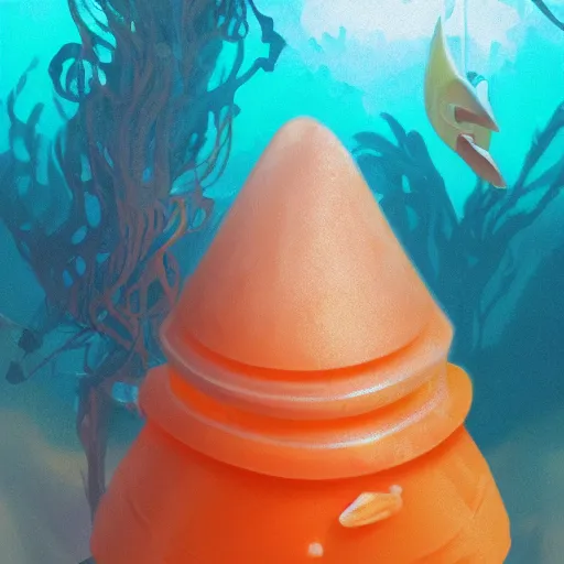 Prompt: orange and white striped traffic cone shark tooth, underwater background detailed atmospheric - ron cheng & alphonse mucha, highly detailed, digital painting, ray tracing, concept art, illustration, smooth sharp focus, intricate, symmetry, artstation,