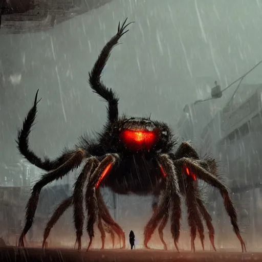 Prompt: A colossal tarantula walking in the rain, cinematic lighting, dramatic atmosphere, by Dustin Nguyen, Akihiko Yoshida, Greg Tocchini, Greg Rutkowski, Cliff Chiang, 4k resolution, trending on artstation,1900s