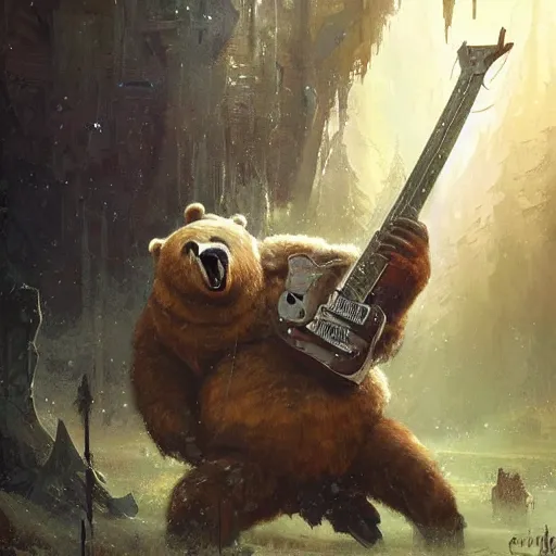 Prompt: realistic bear playing futuristic minimalistic axe-shaped guitar, fantasy character portrait by Greg Rutkowski, Craig Mullins, Gaston Bussiere