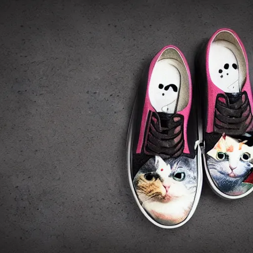 Image similar to shoes with cat art painted on them, octane render, unreal engine, studio lighting