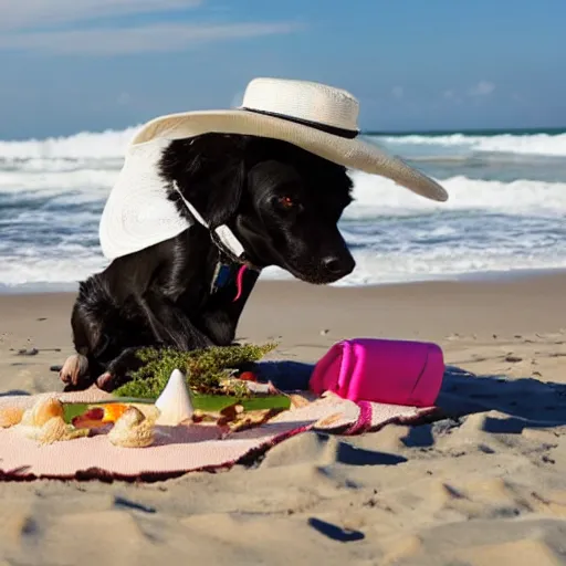 Prompt: Dog with white hat on the beach having a picknick