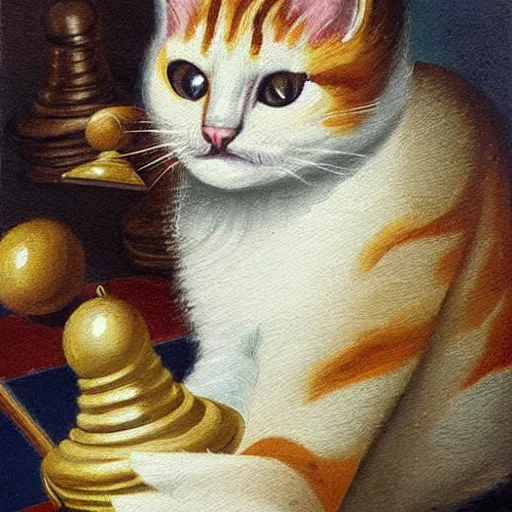 Image similar to cat playing chess looking wise, rococo oil painting