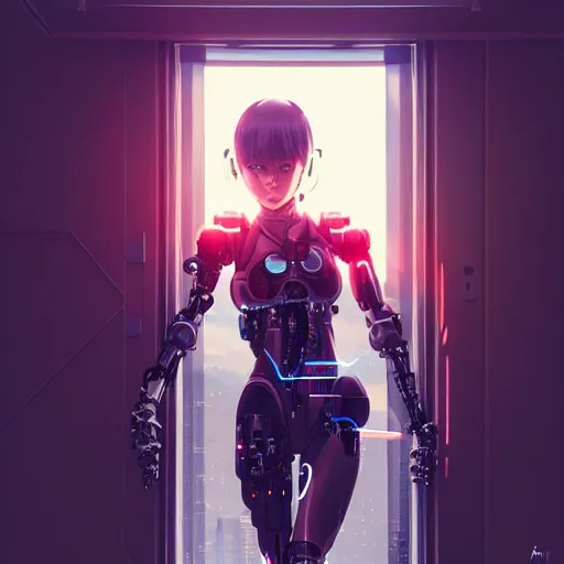 Image similar to beautiful cyborg girl punching through a large reflective window, window reflections, reflective, mirror reflection, refractions on lens, full round face, biomechanical details, cyberpunk anime art, full body shot, lens flare, wlop, ilya kuvshinov, artgerm, krenz cushart, greg rutkowski