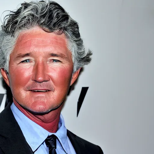 Image similar to patrick duffy, he has very long length straight grey hair, wearing a white shirt