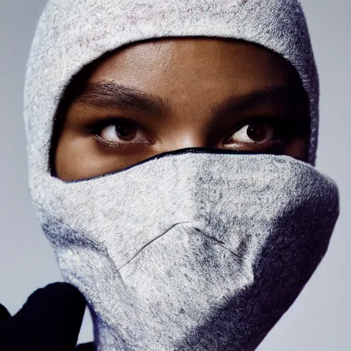 Image similar to realistic photoshooting for a new balenciaga lookbook, color film photography, portrait of a beautiful woman, model is wearing a balaclava mask, in style of tyler mitchell, 3 5 mm,