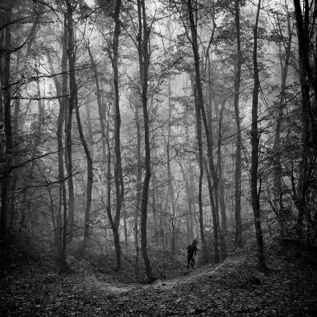 Image similar to scared of the man down stairs, running to hide in the woods, but he found me, hazy memory, volumetric, dark black and white in the style of alvin schwartz, epic angles