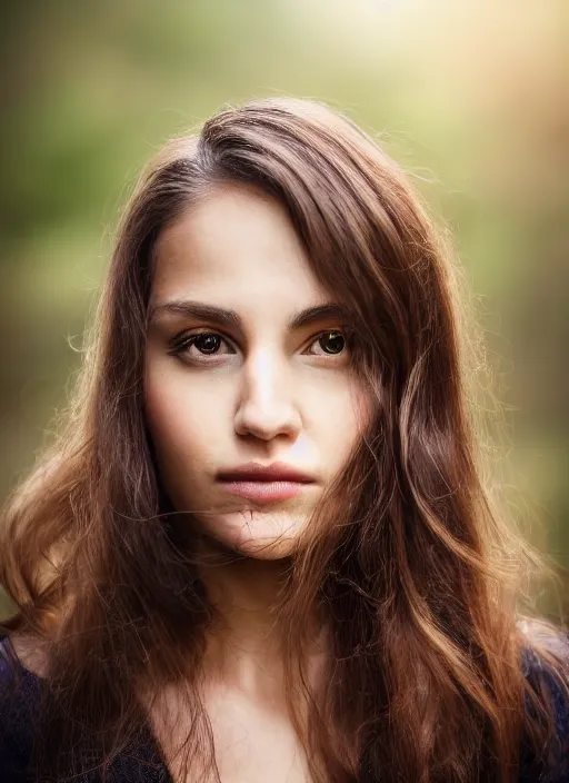 Prompt: portrait of a 2 5 year old woman, symmetrical face, dark wavey hair, royal crown, she has the beautiful calm face of her mother, slightly smiling, ambient light in nature