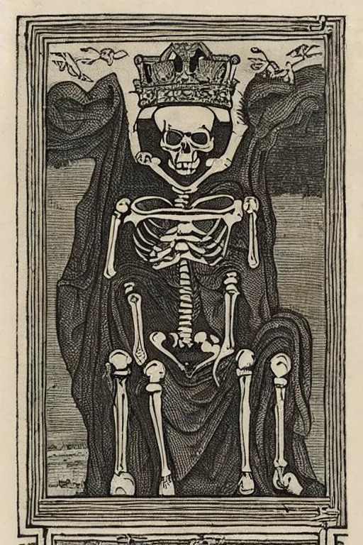 Image similar to tarot card of a king’s skeleton sitting on a decaying ancient throne, ornate frame, detailed