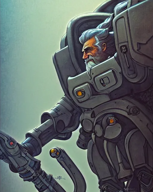 Image similar to reinhardt from overwatch, gray hair and beard, character portrait, portrait, close up, concept art, intricate details, highly detailed, vintage sci - fi poster, vintage sci - fi art, retro future, in the style of chris foss, rodger dean, moebius, michael whelan, and gustave dore