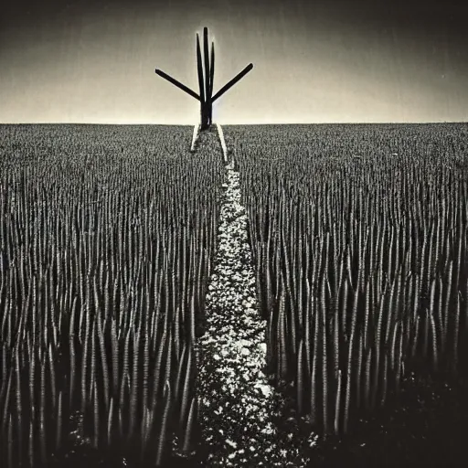 Image similar to radioactive spike field, monolithic granite spikes, one lone person standing in front of the spikes, creepy monotone black and white lighting, post nuclear fallout, desolate, no life, high resolution, old photo, style of salvador dali, van gogh