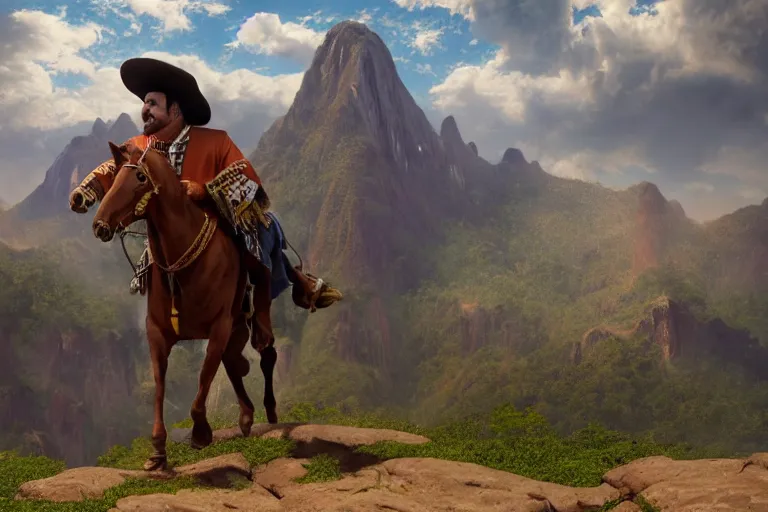 Image similar to a detailed 3 d render of bruno from encanto dressed as pancho villa, poncho, 1 8 th century south america, octane render, 8 k, volumetric lighting, in the style of disney, art by albert bierstadt and thomas moran