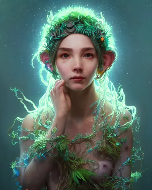 Prompt: portrait of a cute druid, male, bioluminescent, wires, horror, happy, highly detailed, digital painting, cinematic, hyperrealism, dark retrowave, art by pixar and stanley lau and artgerm and magali villeneuve and alphonse mucha, artstation, octane render, cgsociety