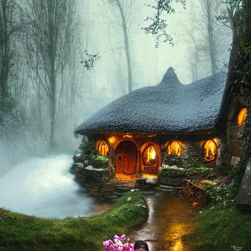 Prompt: woman in medieval hobbit house, ornate, beautiful, atmosphere, vibe, mist, smoke, fire, chimney, rain, wet, pristine, puddles, melting, dripping, snow, creek, lush, ice, bridge, forest, roses, flowers, by stanley artgerm lau, greg rutkowski, thomas kindkade, alphonse mucha, loish, norman rockwell