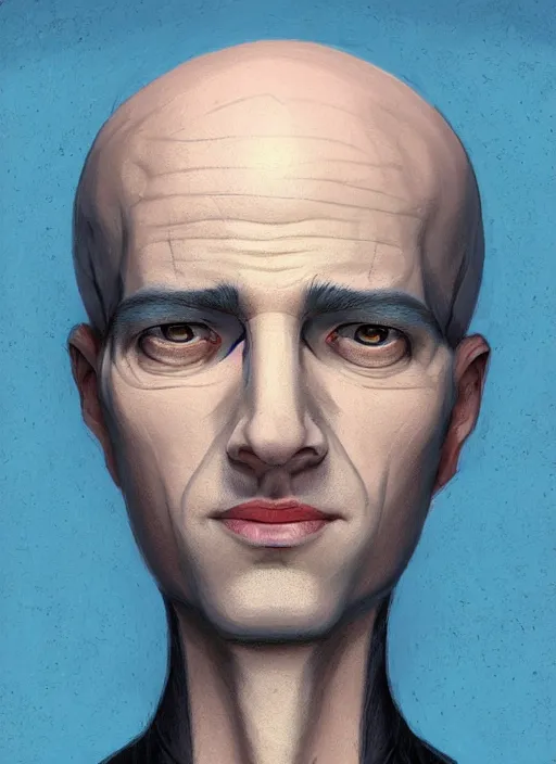 Prompt: head-on symmetrical centered painted portrait, a smiling bald androgynous man with completely blue skin in his thirties as a D&D wizard without a nose, fantasy, intricate, elegant, highly detailed, digital painting, smooth, sharp focus, illustration, artstation, in the style of Artgerm and Anna Podedworna and Charlie Bowater and Michael Garmash