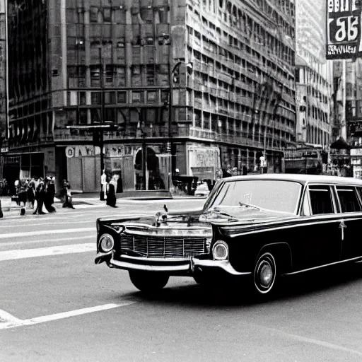 Prompt: stock photo of a sixties limousine driving in new york, by getty images