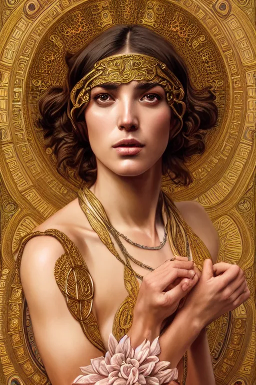 Prompt: body portrait of beautiful greek goddess, wearing an ornate toga with intricate floral patterns, by terry o'neill intricate, elegant, highly detailed, digital painting, glistening skin, artstation, concept art, smooth, sharp focus, bold lighting, illustration, art by artgerm and greg rutkowski and alphonse mucha, 8 k