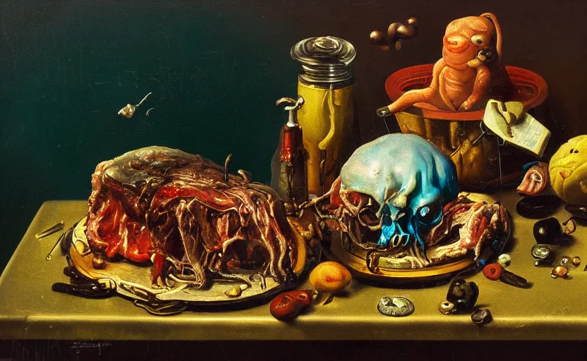 Image similar to disturbing colorful oil painting dutch golden age vanitas still life sparse composition with bizarre objects strange gooey transparent surfaces shiny metal reflections bizarre mutant meat insects rachel ruysch dali todd schorr very detailed perfect composition rule of thirds masterpiece canon 5 0 mm, cinematic lighting, photography, retro, film, kodachrome