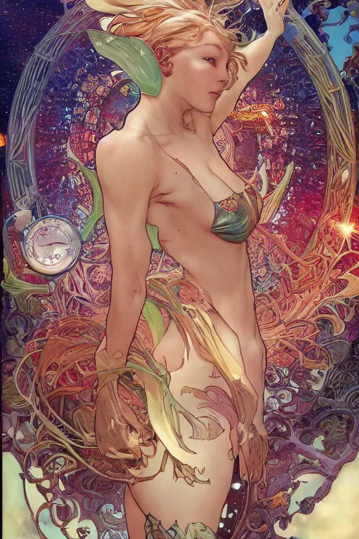 Image similar to swimming through time, by artgerm and yoshitaka amano and moebius and alphonse mucha, hyperdetailed, dc comics, ornate, nebula, explosions in the sky, trending on artstation