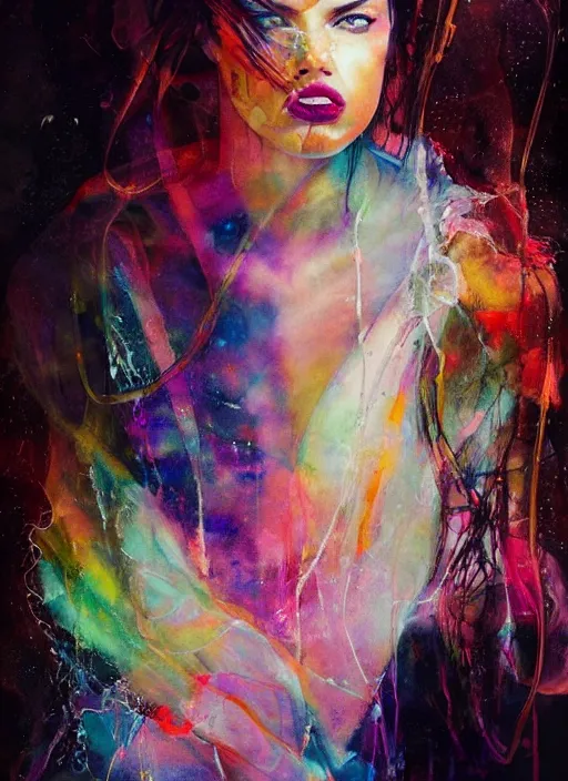 Image similar to adriana lima by agnes cecile enki bilal moebius, intricated details, sitting on a stool, full body portrait, extremely luminous bright design, pastel colours, drips, autumn lights