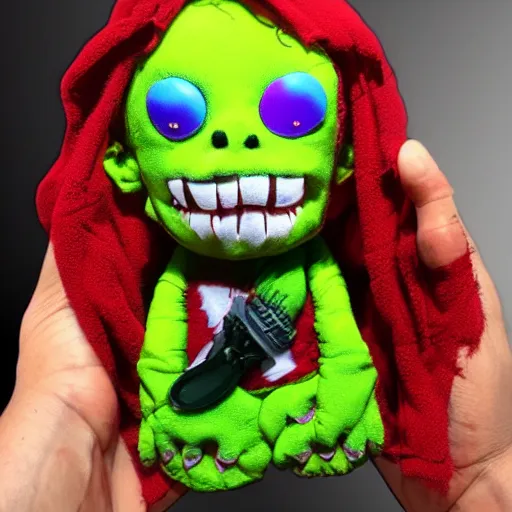 Image similar to a zombie plush. beautifully made, detailed, cute, soft. high quality, studio lighting, product image