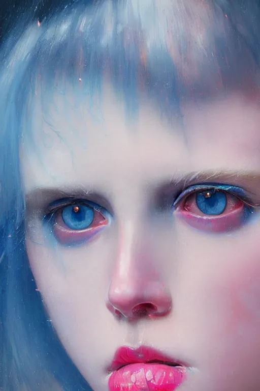 Prompt: close up on deep blue eyes crying, a very pale skinned girl, neon pink tears, dramatic lighting, highly detailed, intricate, sharp focus, subsurface scattering, art by caravaggio, greg rutkowski, thomas kindkade, ruan jia, norman rockwell, tom bagshaw.