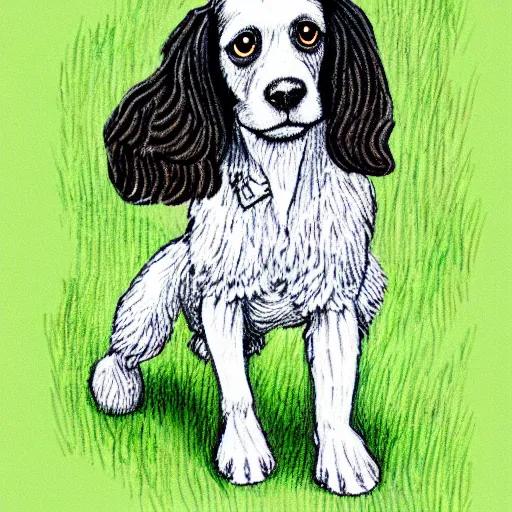 Image similar to a cute spaniel playing with Rupert Bear, illustration, hand drawn