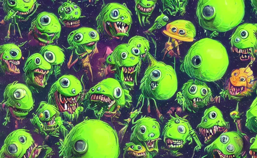 Image similar to an army of different green tennis ball monsters, in space, digital art, fantasy, magic, chalk, chalked, trending on artstation, ultra detailed, detailed, fine details, professional illustration by basil gogos