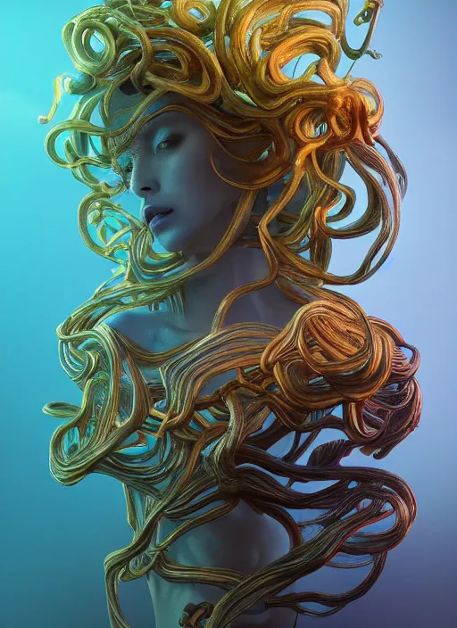 Image similar to subsurface scattering, medusa made of soft wax, cgsociety, translucent, wooden art nouveau swirls, organic fractals, colored smoke, gold cables, electricity, in the style of ruan jia and beeple and giger, mystical colors, back light, rim light, dramatic lighting, 8 k, stunning scene, raytracing, octane render