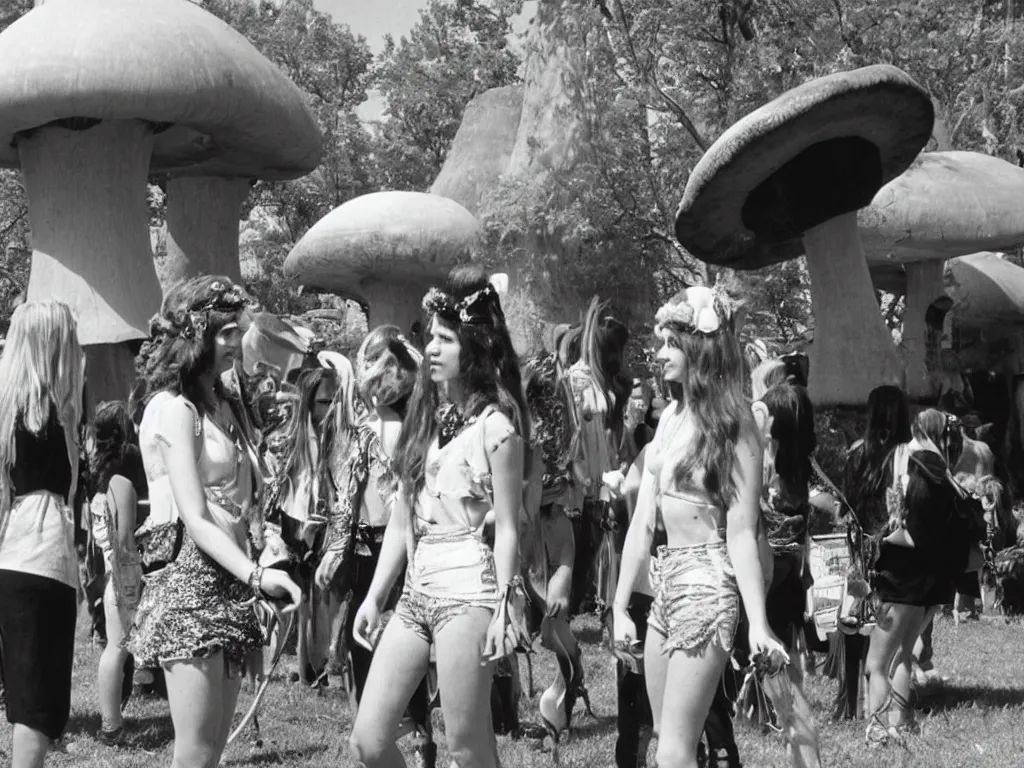 Prompt: 70s photo of beautiful hippy girl at hippy festival talking to a giant mushroom