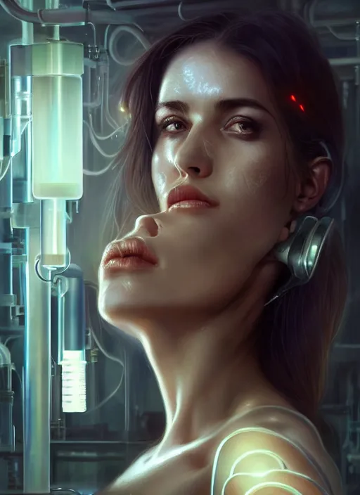 Prompt: Ultra realistic cyborg extreme beautiful woman in a chemical laboratory, cyberpunk,sci-fi, fantasy,Kodak , soft light, volumetric lighting, ,night, fog ,smoke, intricate, elegant, highly detailed, digital painting, artstation, concept art, smooth, sharp focus, illustration,art by artgerm and greg rutkowski and alphonse mucha