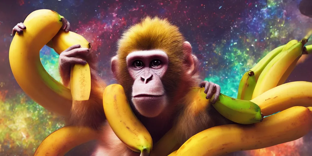 Image similar to 3d render of Monkey and banana fusion, realistic volumetric lighting, rendered by Octane, highly realistic, 4k wallpaper, trending on Artstation, By Leonid Afremov