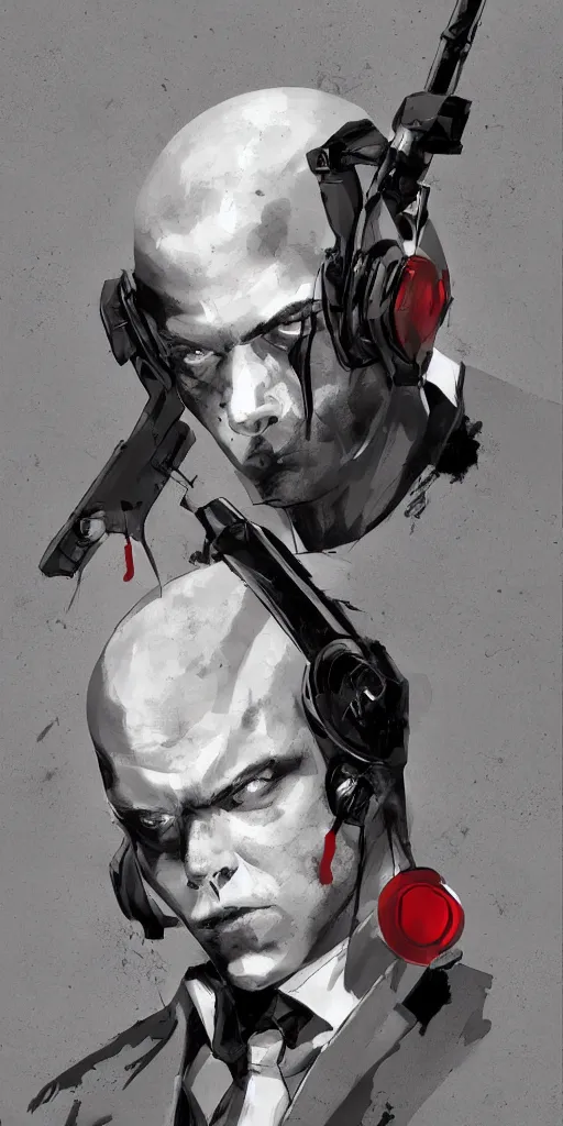 Image similar to a portrait of agent 4 7 from hitman wearing headphones, dark background, red rim light, digital art, artstation, art by yoji shinkawa