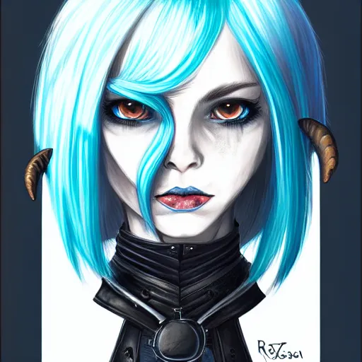 Image similar to illustrated realistic portrait female ram-horned kobold with asymmetrical bob haircut blue hair with black evil devil eyes wearing strap leather armor by rossdraws