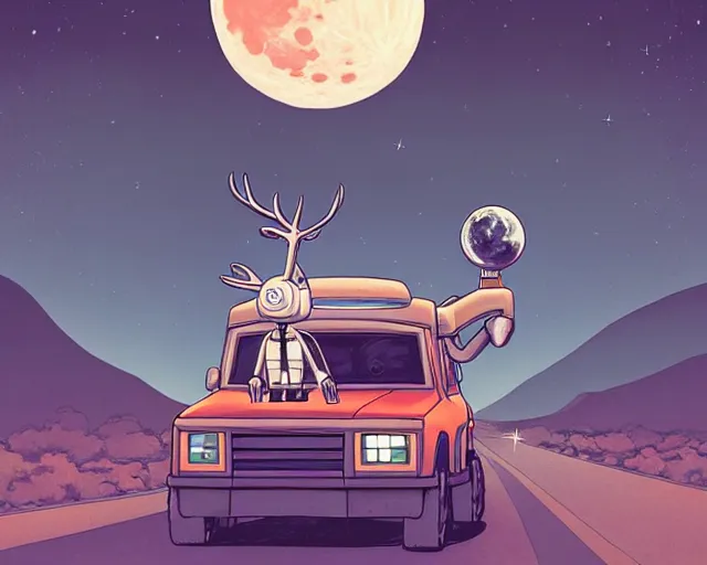 Prompt: a cell shaded cartoon grey santa + deer robot, with a big head, on a desert road, wide shot, in front of a big moon, muted colors, post grunge, josan gonzales, wlop, by james jean, victor ngai, hq, deviantart, art by artgem