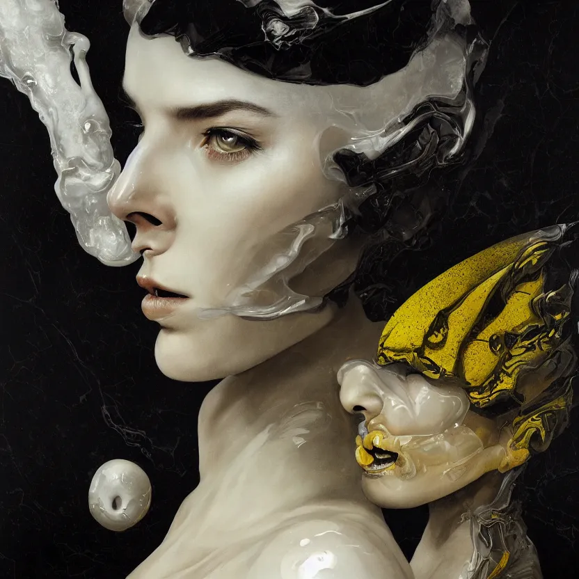 Image similar to a dark baroque close - up portrait of a yellow and white porcelain being made out of white liquid sci - fi vitrified translucent ceramic marble ; china. reflective detailed textures. gloomy black background. highly detailed fantasy science fiction painting by moebius, norman rockwell, frank frazetta, and syd mead. rich colors, high contrast. artstation