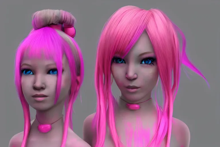 Prompt: 3d model of a girl avatar singer with pink float hair, rtx, rave party outfit