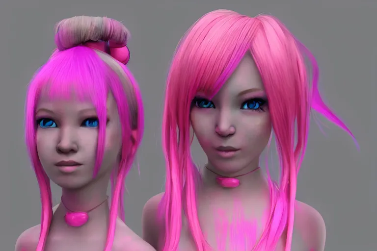 3D model pink long hair VR / AR / low-poly