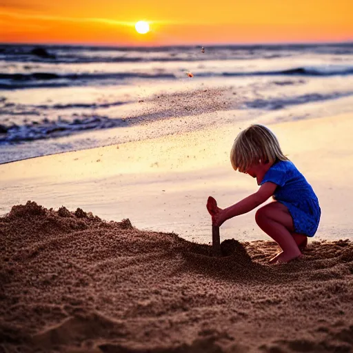 Image similar to little blond girl, making a sandcastle!!! on an Australian Beach, (((red)))!!! sand, shovel, waves, golden hour, Canon EOS R3, f/1.4, ISO 200, 1/160s, 8K, RAW, unedited, symmetrical balance, in-frame