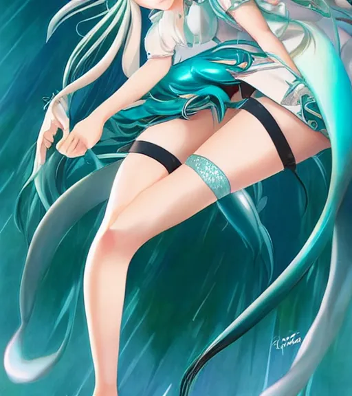 Image similar to Anime art of beautiful Hatsune miku with beautifel legs by artgerm, rossdraws, magali villeneuve, Gil Elvgren, Alberto Vargas, Earl Moran, Art Frahm, Enoch Bolles, symmetrical shoulders