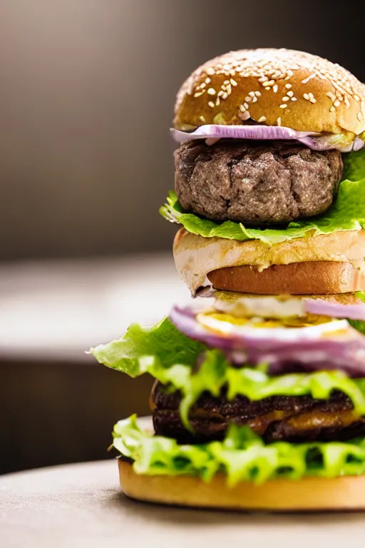 Prompt: quadruple patty hamburger, commercial photography