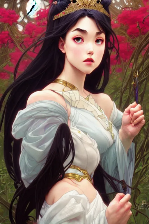 Image similar to Rei Hino as a princess, fantasy, intricate, elegant, highly detailed, digital painting, artstation, concept art, matte, sharp focus, illustration, art by Artgerm and Greg Rutkowski and Alphonse Mucha