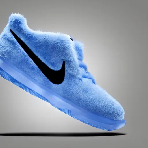 Image similar to poster nike shoe made of very fluffy blue faux fur placed on reflective surface, professional advertising, overhead lighting, heavy detail, realistic by nate vanhook, mark miner