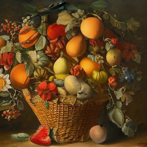 Prompt: a beautiful detailed painting of a still life of fruit and flowers in a basket