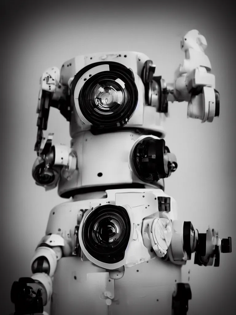 Prompt: “A perfectly centered beautiful 90mm black and white portrait photo of a retro-futuristic robot in Los Angeles, medium format photography, shallow depth of field”