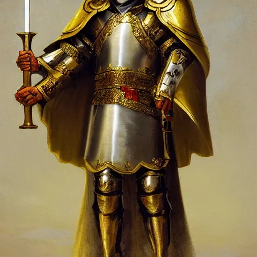 Image similar to man in decorated with gold in baroque style crusader armor, helmet and white cape with cross on it holding decorated with gold sword on it standing at the gates of jerusalem drawn by greg rutkowski realistic high detail