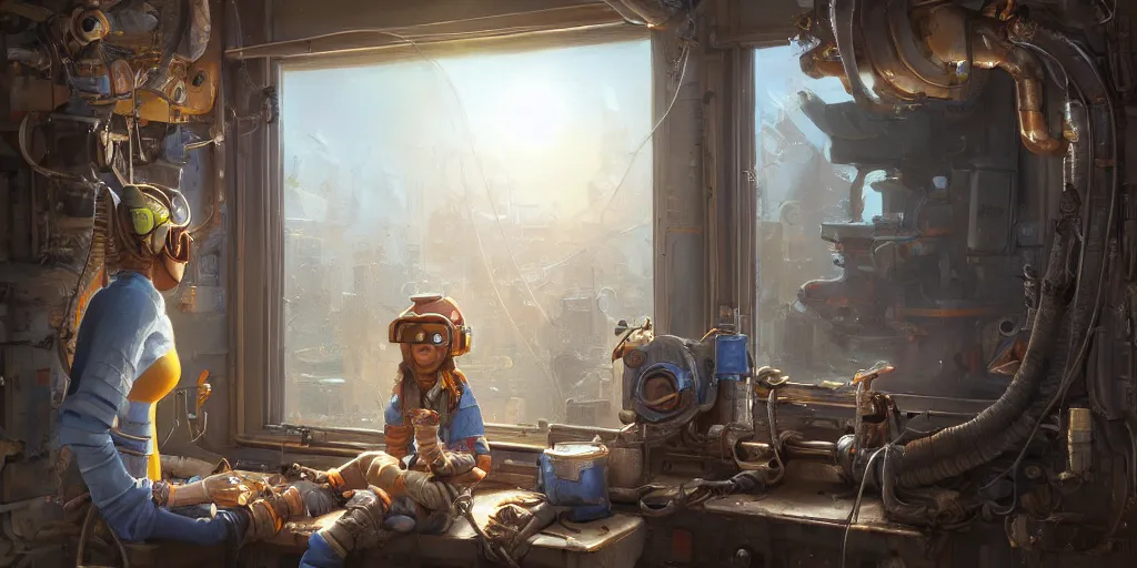 Image similar to highly detailed portrait painting of welder girl, room mono window, by eddie mendoza and tyler edlin, 8 k resolution