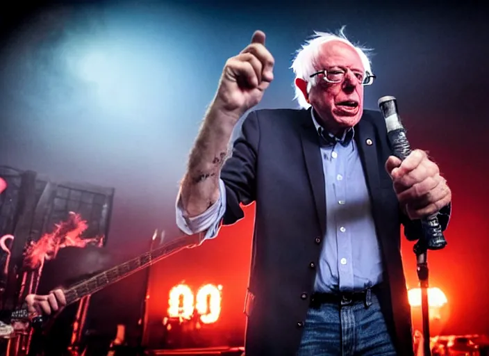 Image similar to publicity photo still of bernie sanders in a death metal band playing live on stage, 8 k, live concert lighting, mid shot